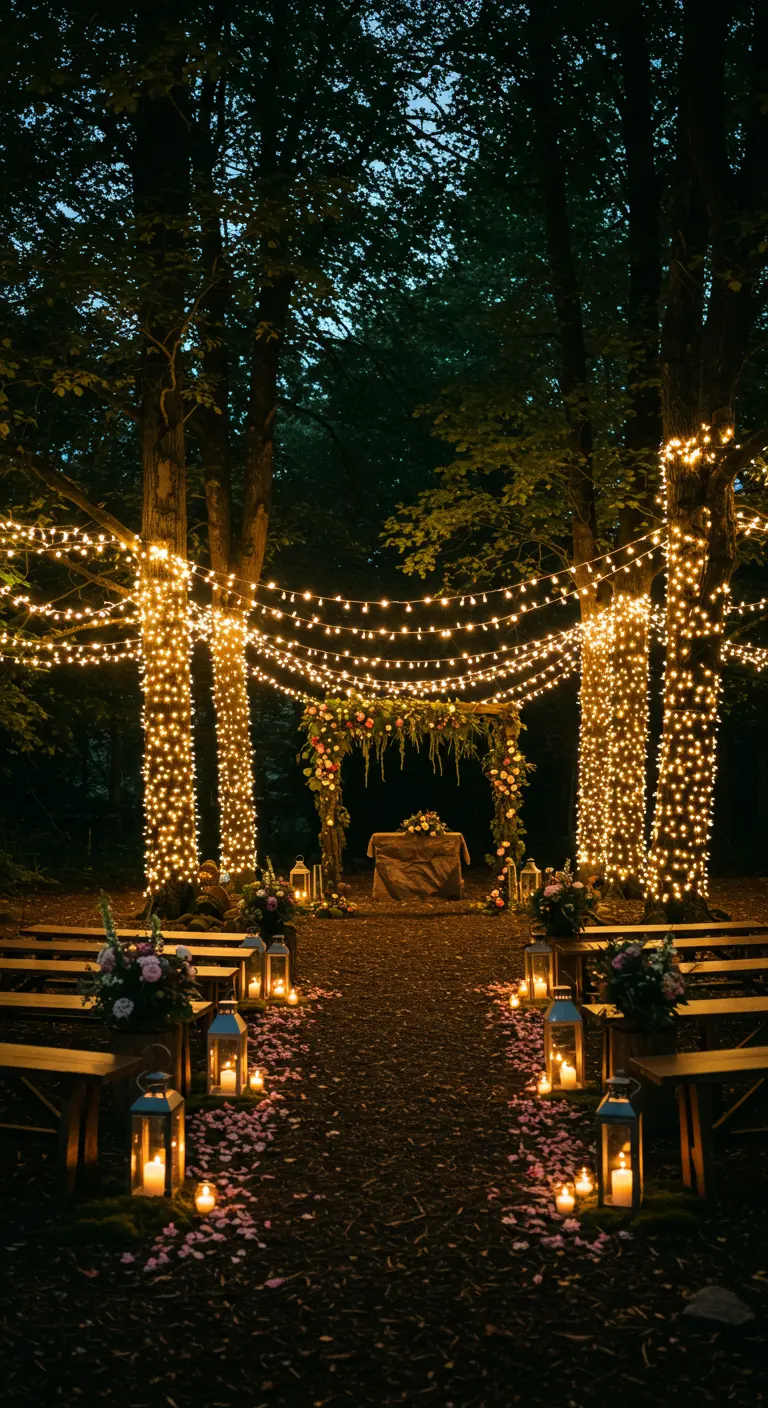 Buiten ceremonie in bos bij avond, met bomen omwikkeld in lichtjes en veel lantaarns.