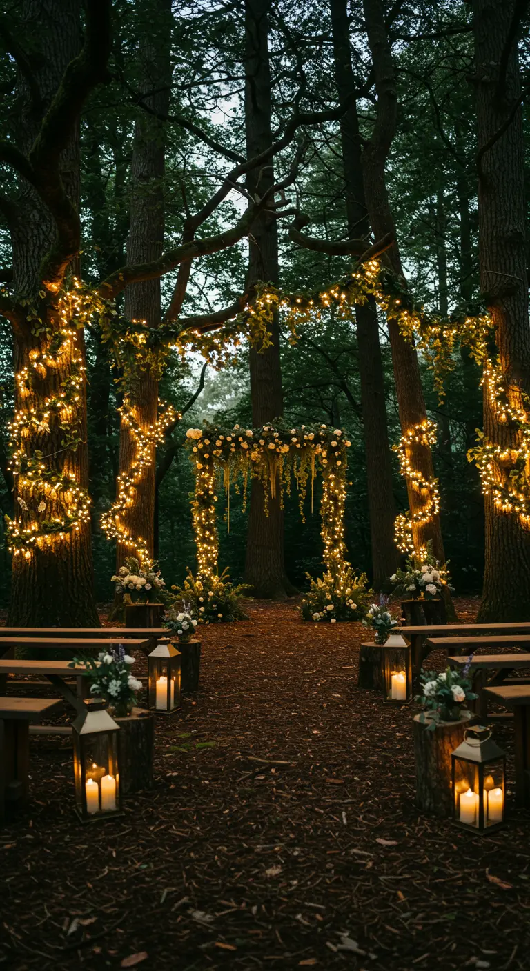 Buiten ceremonie in bos met lichtjesslingers om bomen en lantaarns langs pad.