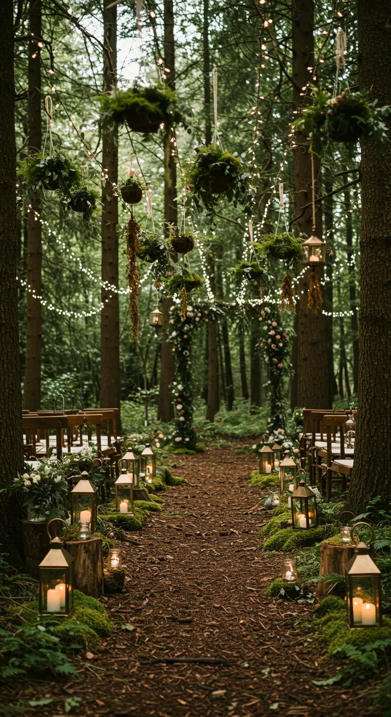 Bose ceremoniepad met lantaarns, mos, slingers met lichtjes en hangende groenballen.