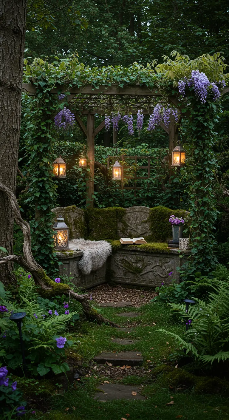 Romantische pergola begroeid met klimop en blauwe regen, met een stenen bank, lantaarns en pluizige plaid.