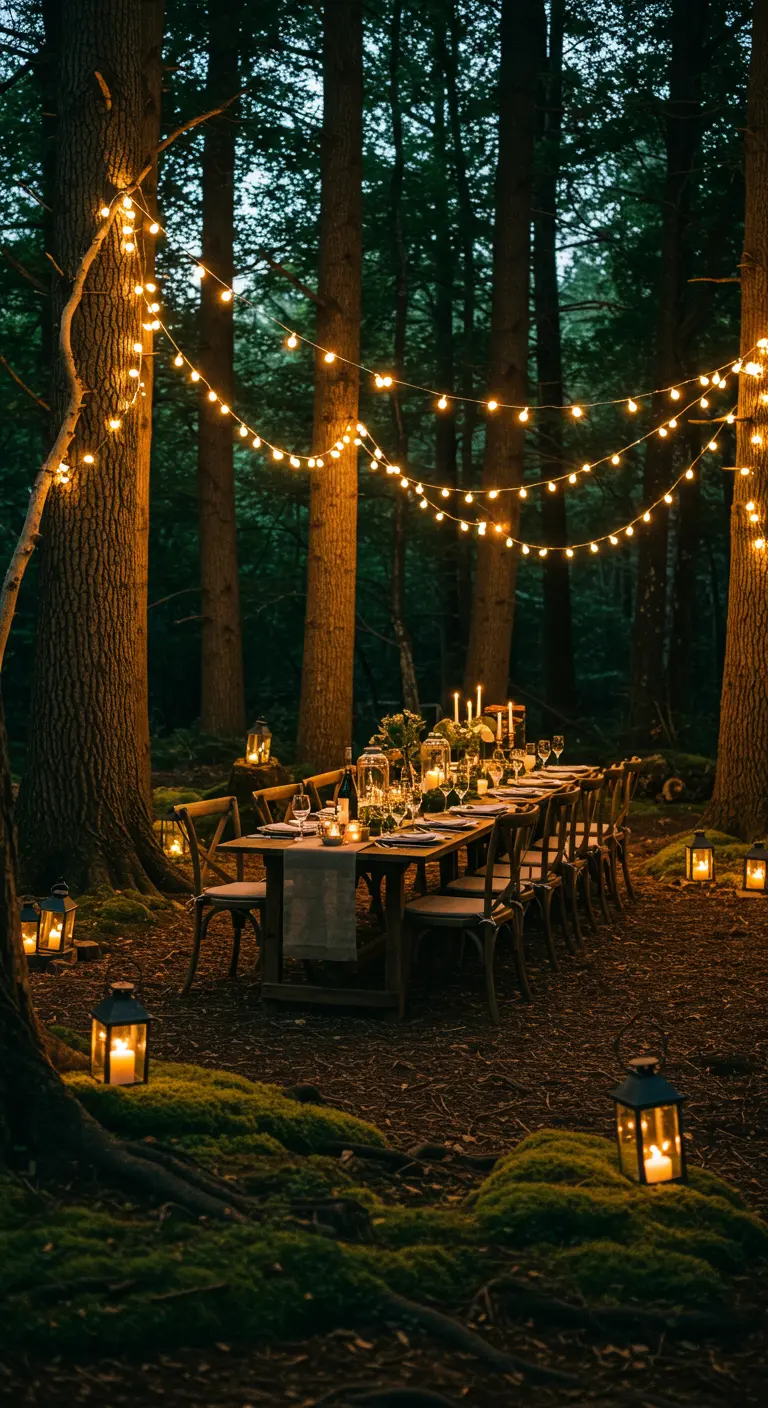 Diner in bos met lichtslingers tussen bomen en kaarsen op tafel.