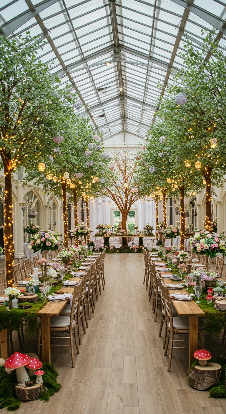 Grote serre met verlichte bomen, lange eettafels met bloemen en mosdecoratie op de grond.