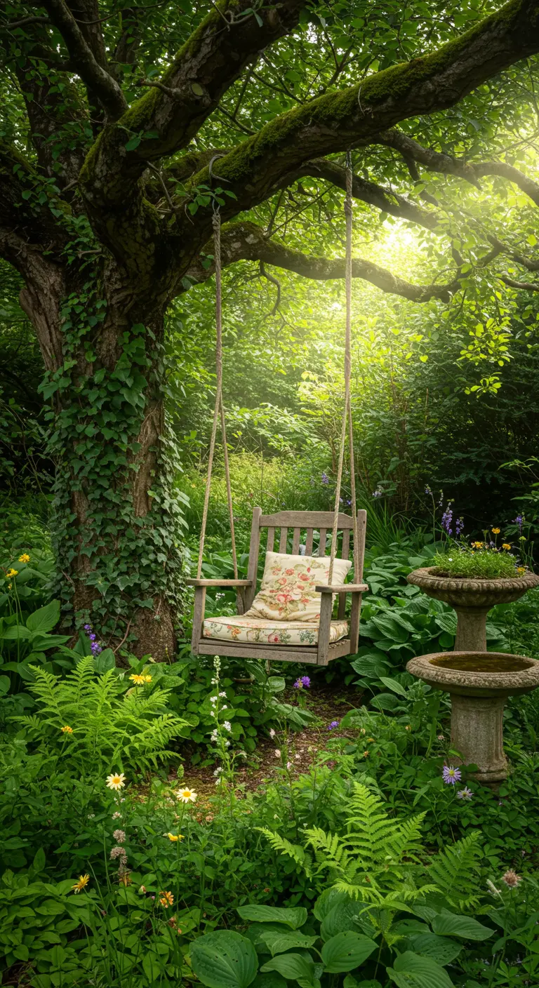 Houten schommelstoel hangend aan boom in een weelderig groene, bosachtige tuin.