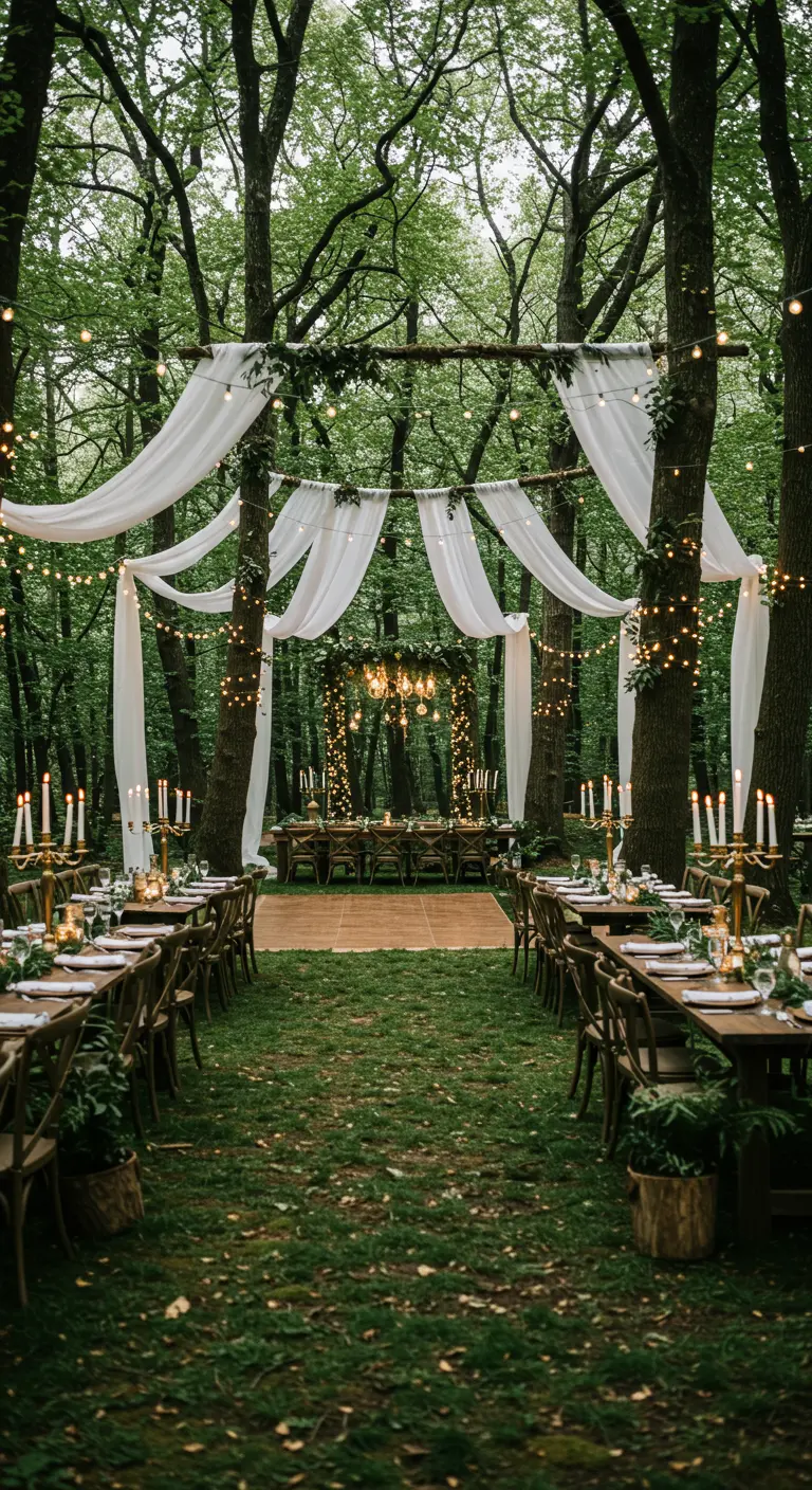 Trouwceremonie in het bos met gedrapeerde witte stof, hangende lichtjes en lange tafels.