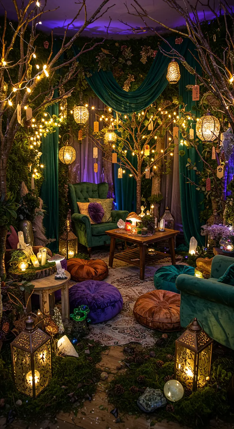 Mystiek sprookjesbos decor met verlichte bomen, groene gordijnen en oosterse lantaarns.
