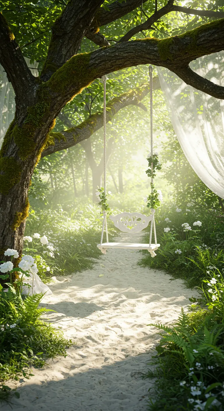 Witte houten schommelplank met sierlijke details, klimplanten en bloemen in een zanderig bos.