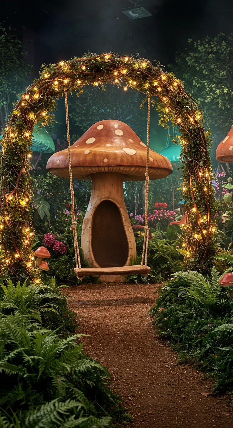 Houten schommel onder een met lichtjes versierde takkenboog, met een grote paddenstoel decoratie.