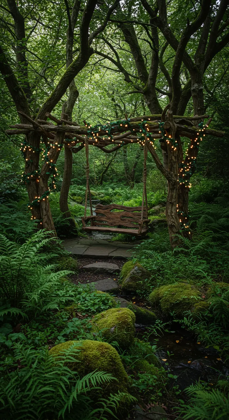 Houten schommel in dicht bos omringd door varens, mos en versierd met warme lichtjes.