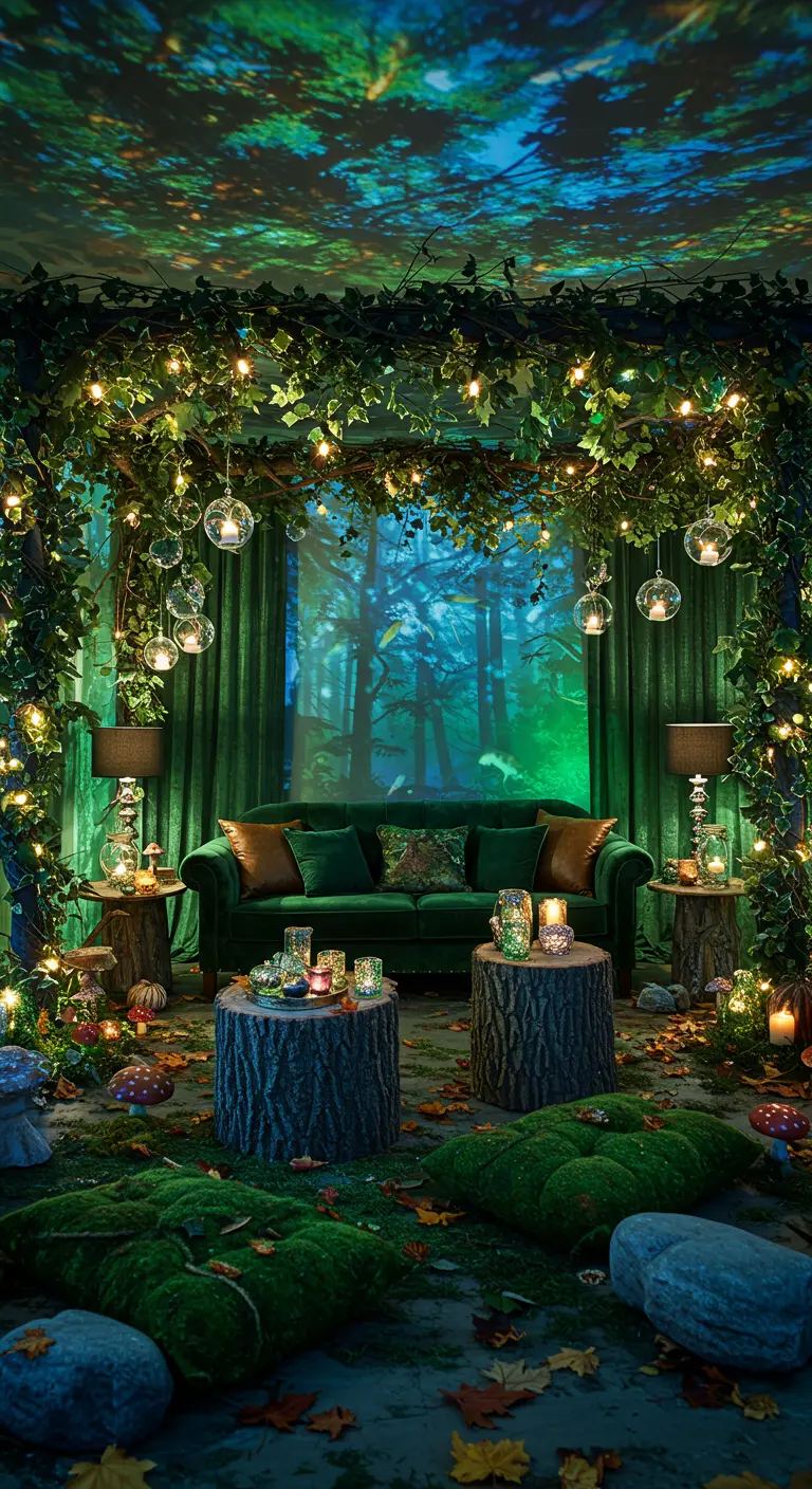Woonkamer omgetoverd tot sprookjesbos met groene decoratie, projectie en lichtbollen.