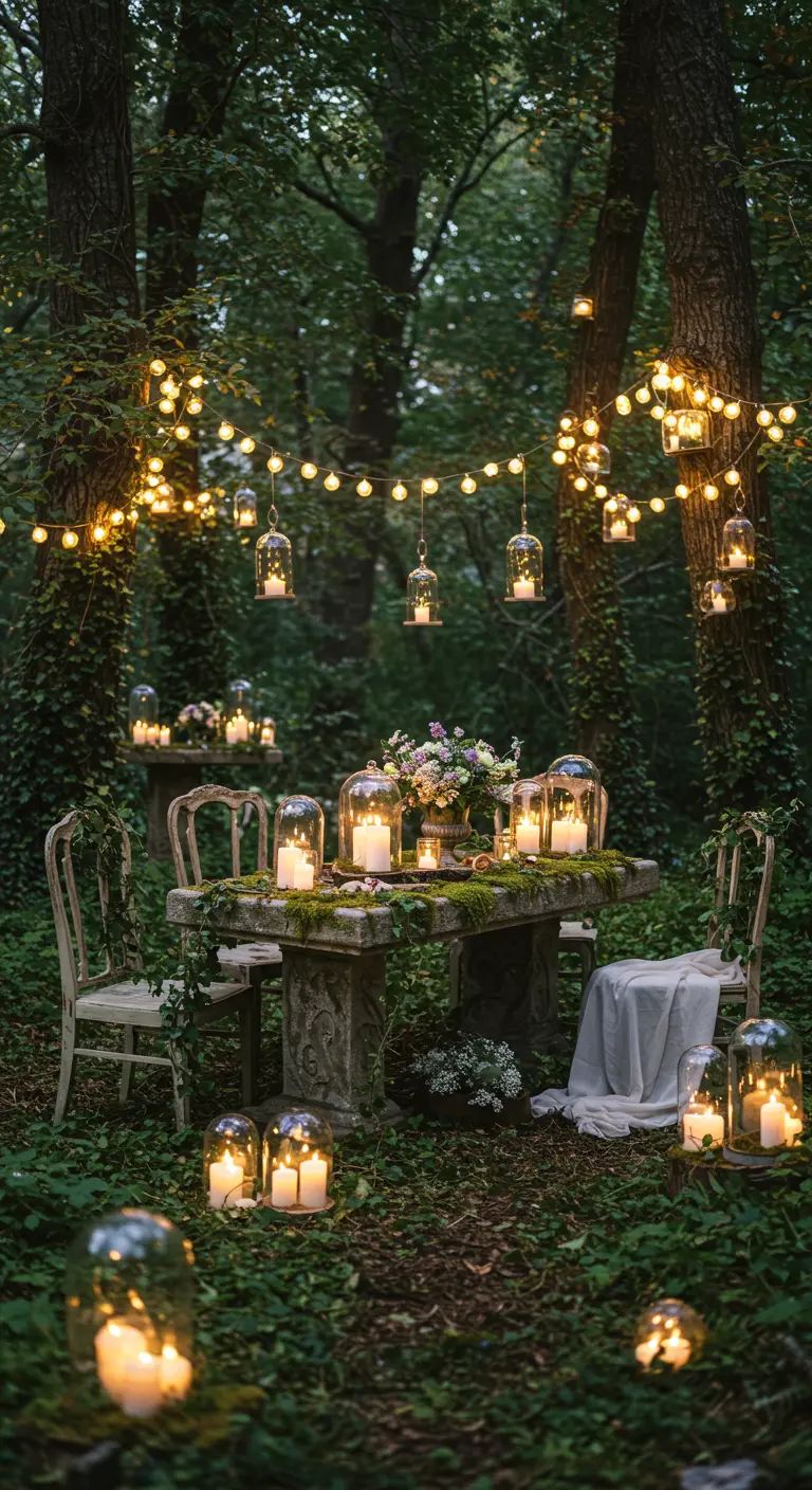 Sprookjesachtige tuintafel met lichtslingers en kaarsen in stolpen.