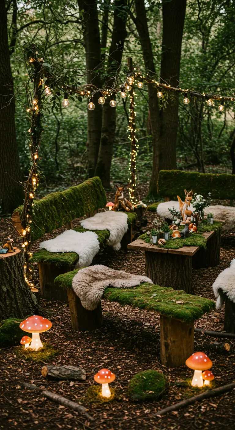 Sprookjesachtige boslounge met mosbanken, lichtgevende paddenstoelen en lichtslingers.