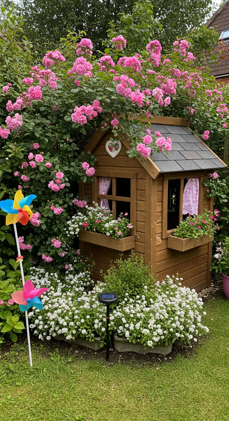 Houten speelhuisje omgeven door weelderige roze klimrozen en witte bloemen.