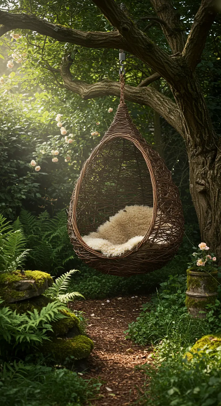 Donkerbruine rieten ei-hangstoel met schapenvacht, hangend aan een boom in een bosrijke tuin.