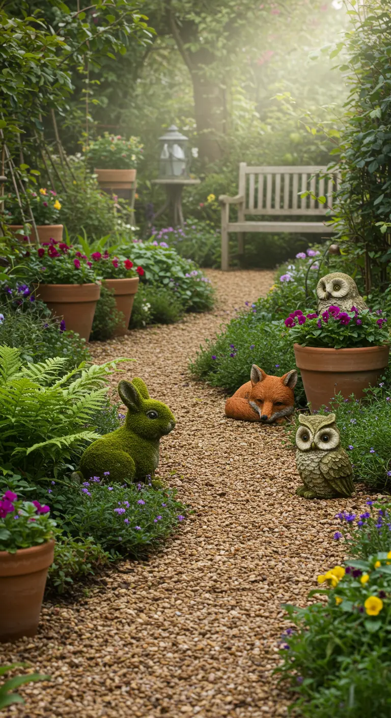 Tuinpad met grind, geflankeerd door planten en stenen dierfiguren: moskonijn, vos en uilen.
