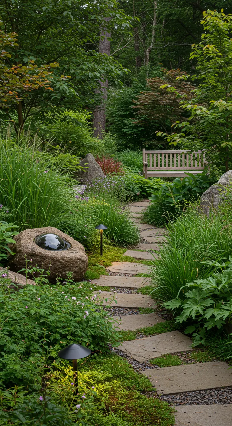 Tuinpad met stapstenen, weelderige planten en een klein stenen waterornament.