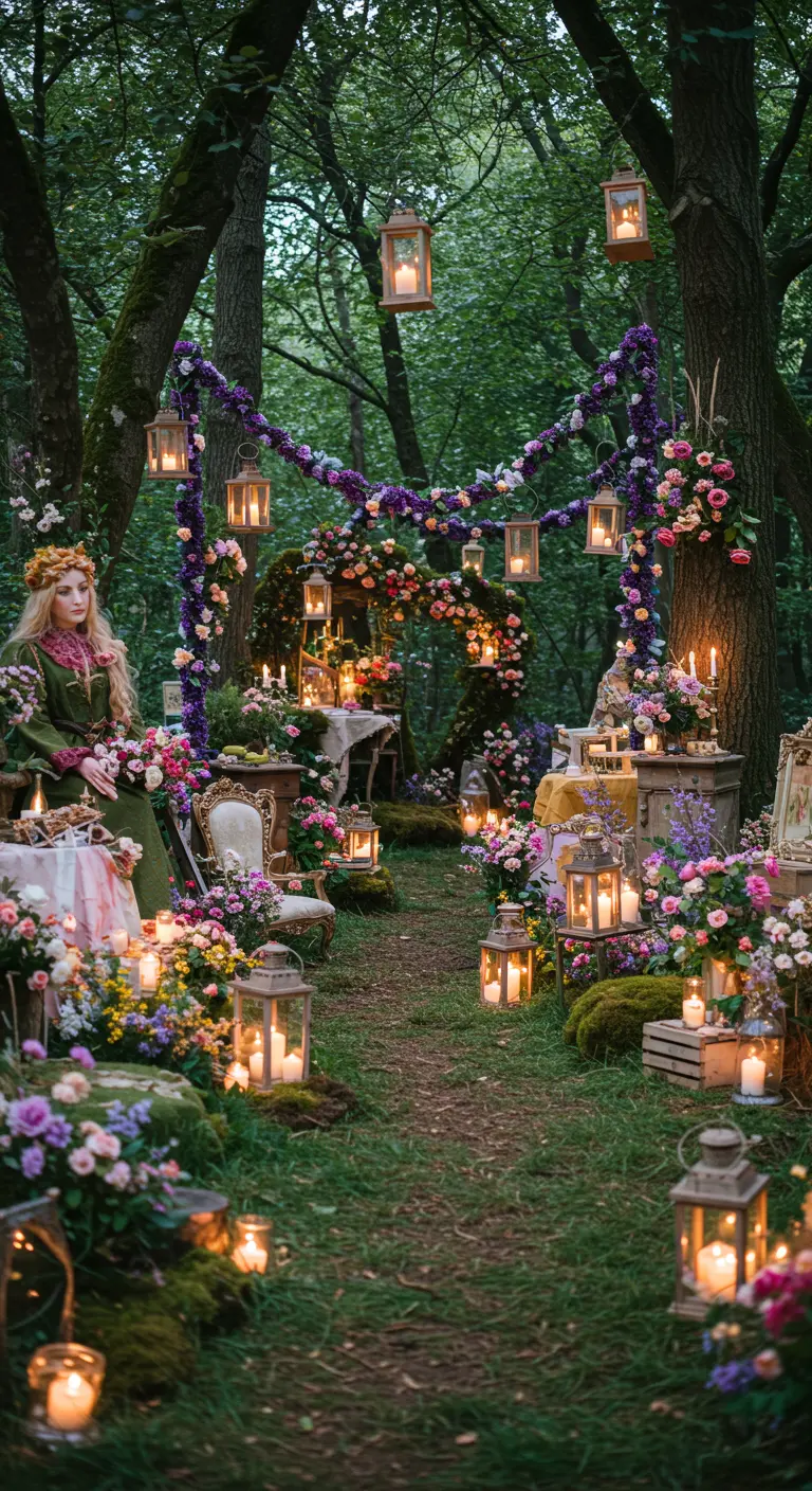 Bospad versierd met bloemen en lantaarns, sprookjesachtige sfeer.