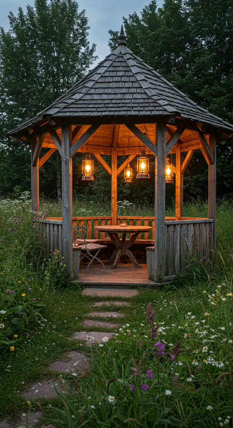 Houten prieel met puntdak, verlicht met lantaarns, omgeven door wilde bloemen in de schemering.