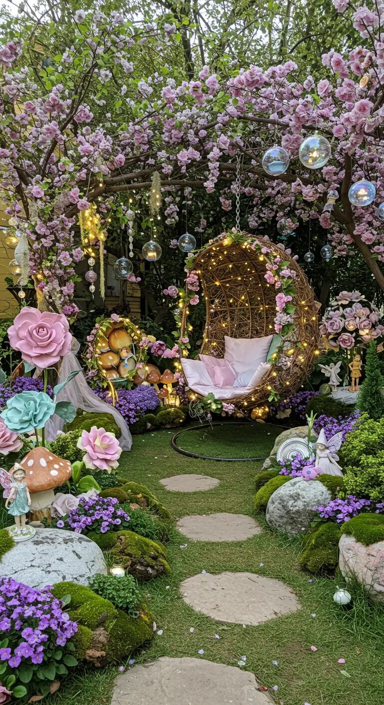 Rieten hangstoel versierd met lichtjes in een sprookjesachtige tuin met bloemen en elfjes.