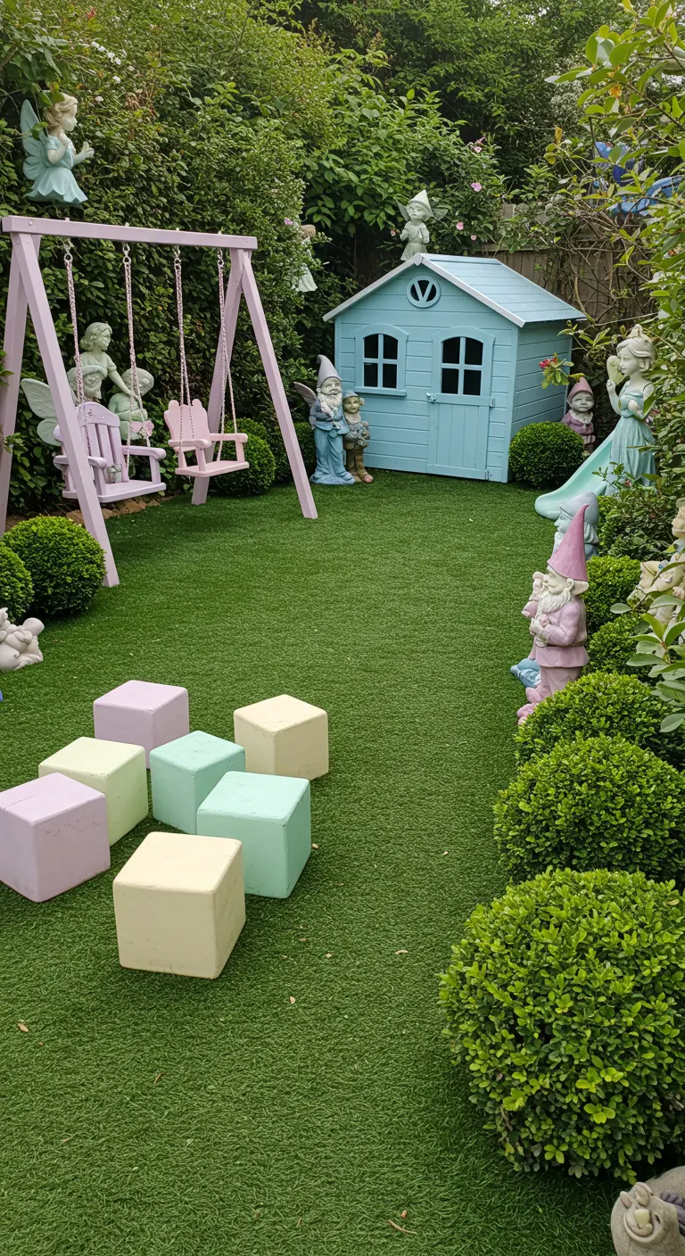 Sprookjesachtige tuin met pastelroze schommel, blauw speelhuisje, gekleurde blokken.
