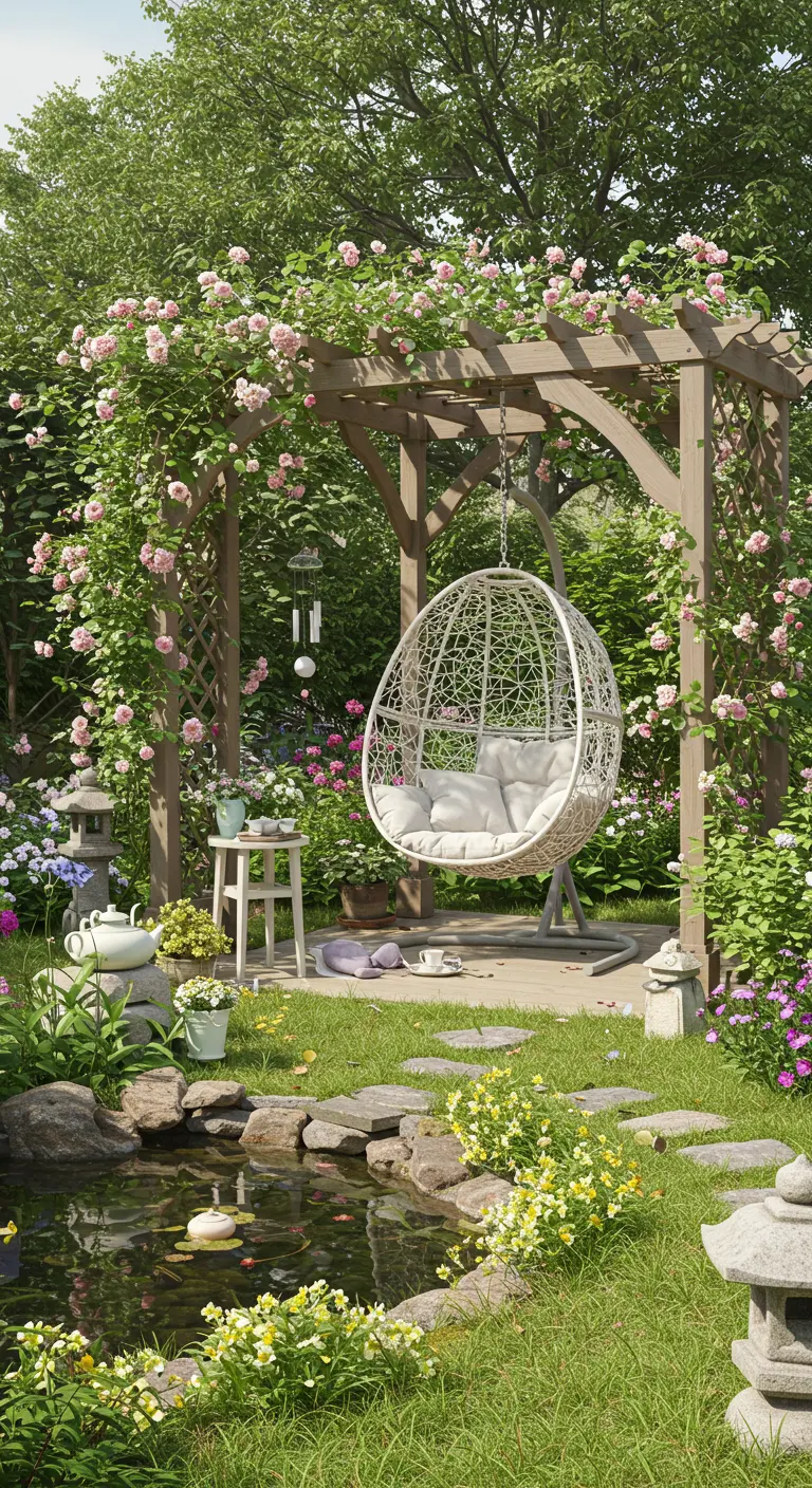 Weelderige tuin met witte eivormige hangstoel, vijver, rozenbogen en diverse bloemen.