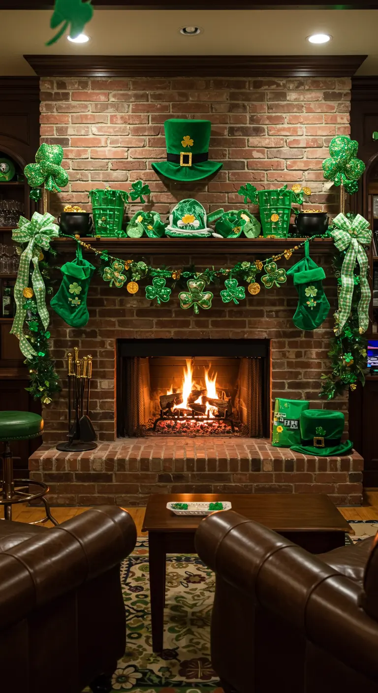 Open haard uitbundig versierd voor St. Patrick's Day met groene hoeden, klavertjes en goud.