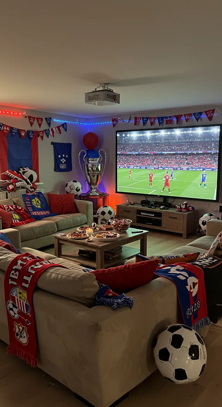Woonkamer ingericht voor sportfans met clubkleuren, projector en voetbalmemorabilia.