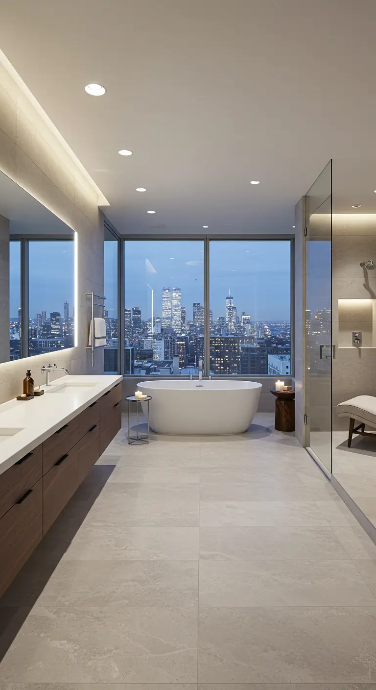 Moderne badkamer met grote lichte tegels en een panoramisch uitzicht over de stad.