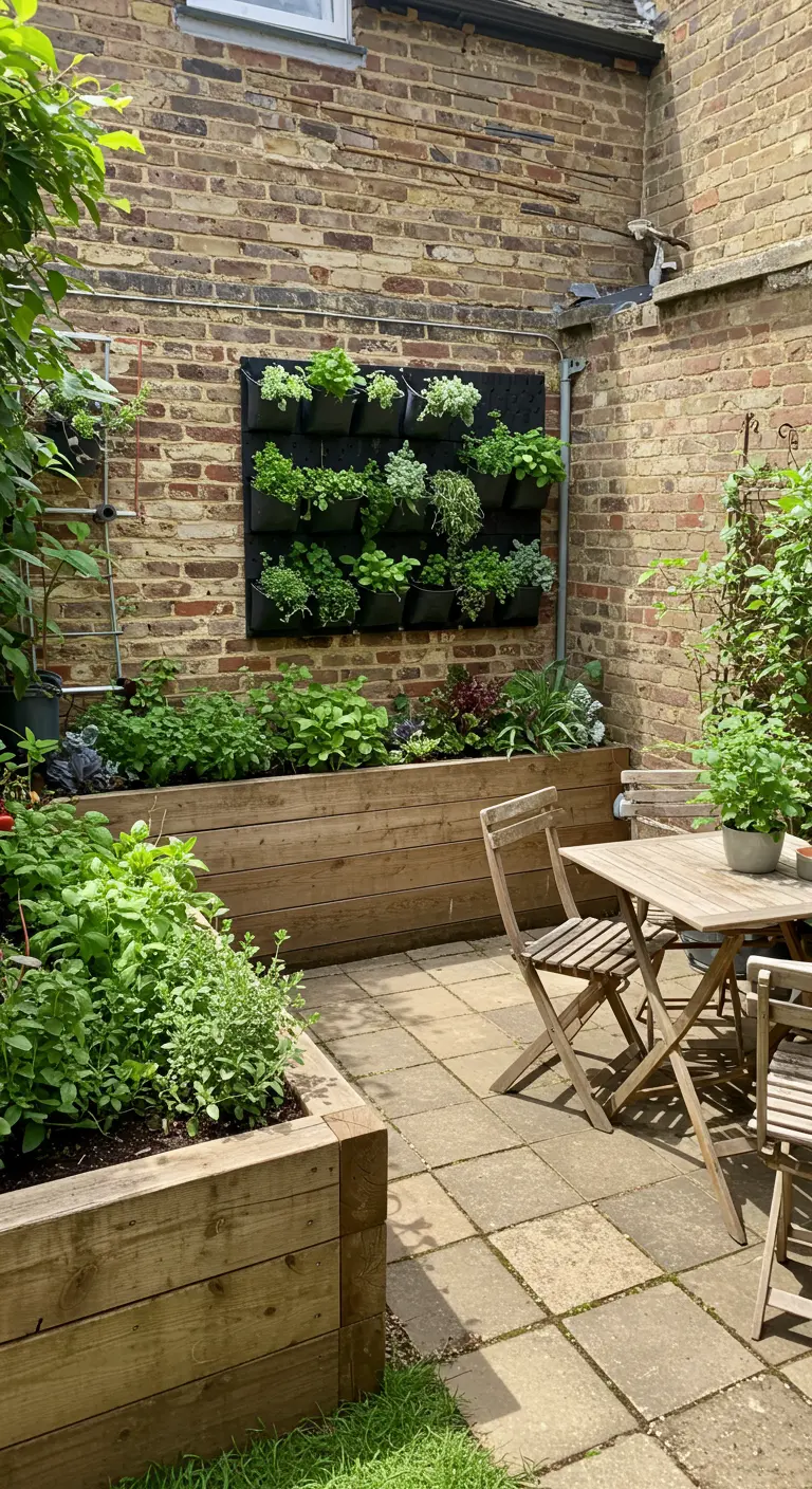 Stadstuin met houten plantenbakken, een verticale kruidentuin aan de bakstenen muur en een houten eethoek.