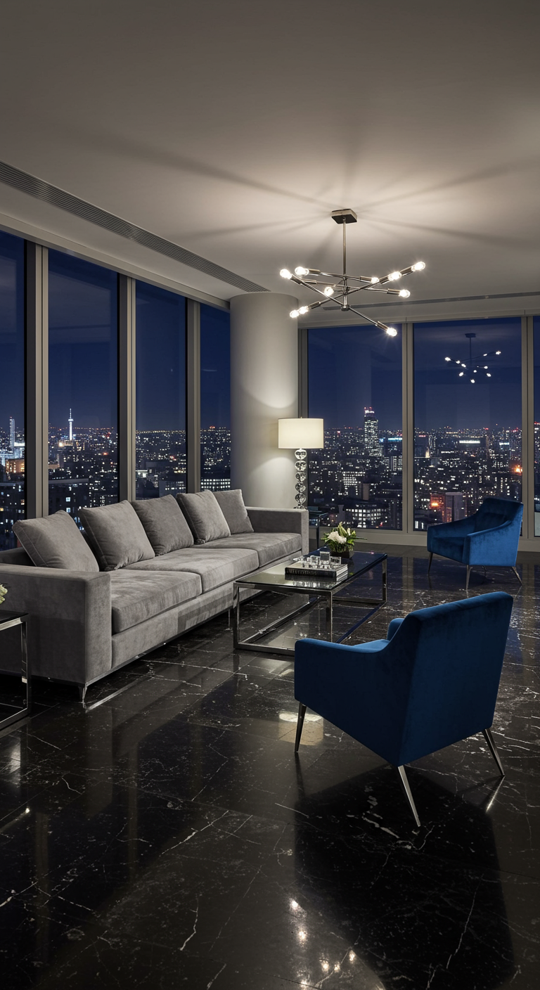 Moderne woonkamer met grijze fluwelen bank, blauwe fluwelen fauteuils en stadszicht.