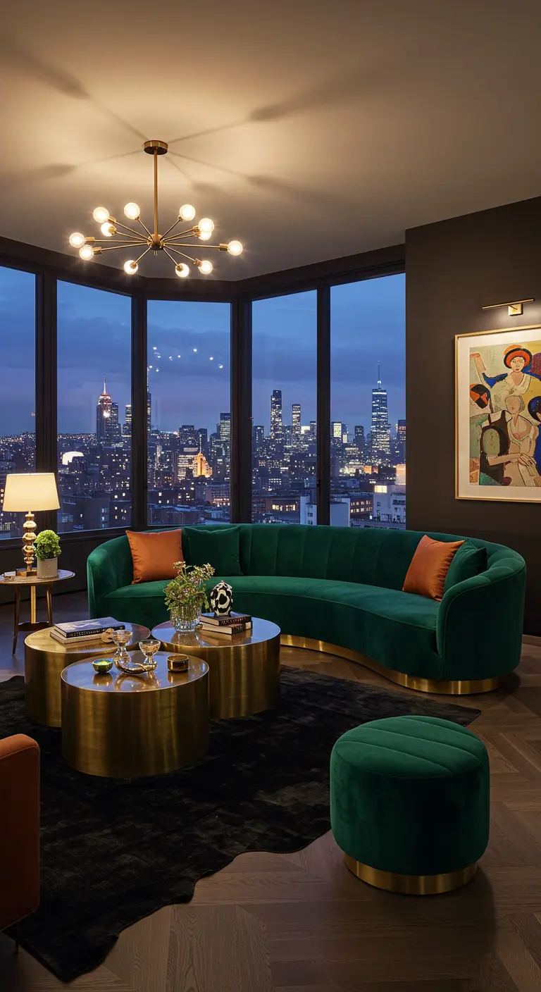 Chique stadsappartement met groene fluwelen bank, gouden tafels en uitzicht op de skyline 's avonds.