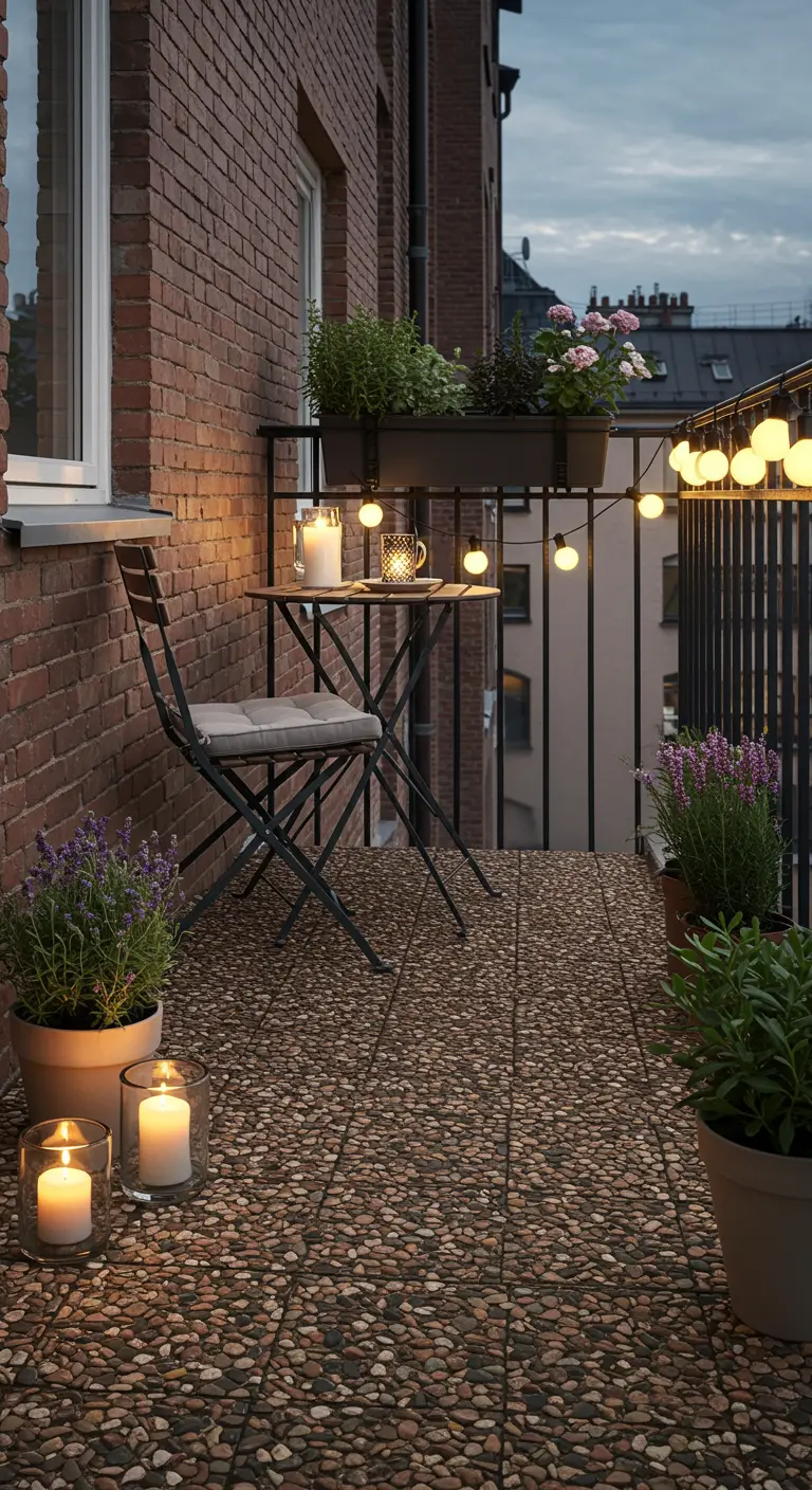 Klein stadsbalkon met kiezeltegelvloer, bistroset, planten, lichtslingers en kaarsen.