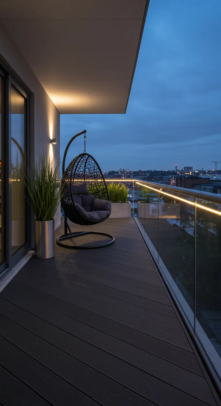 Zwarte eivormige hangstoel op modern balkon met stadszicht bij schemering.