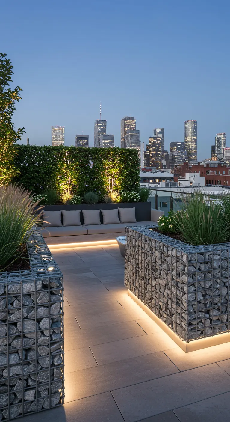 Modern dakterras met verlichte schanskorven, loungebank en uitzicht op de stad.