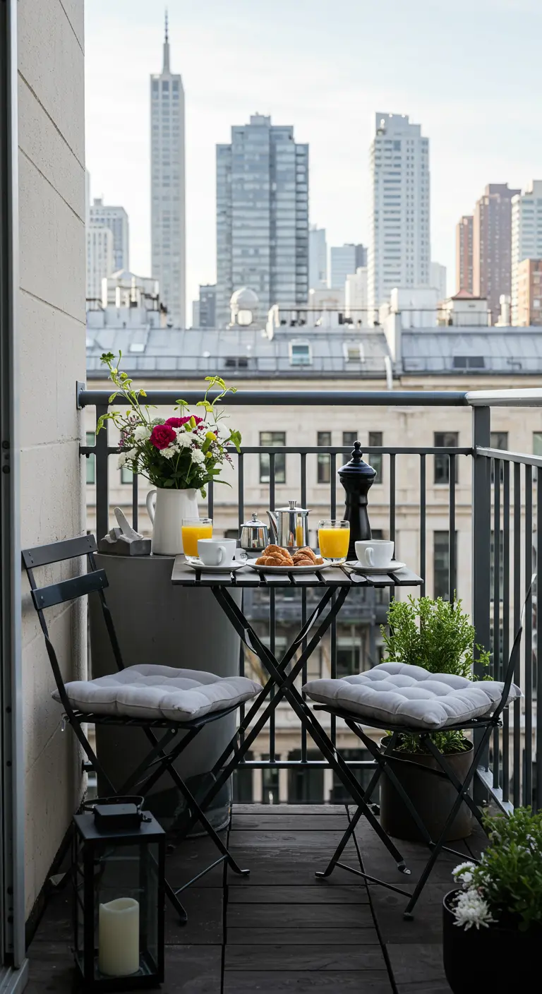 Intiem ontbijt voor twee op stadsbalkon met bistroset en bloemen.