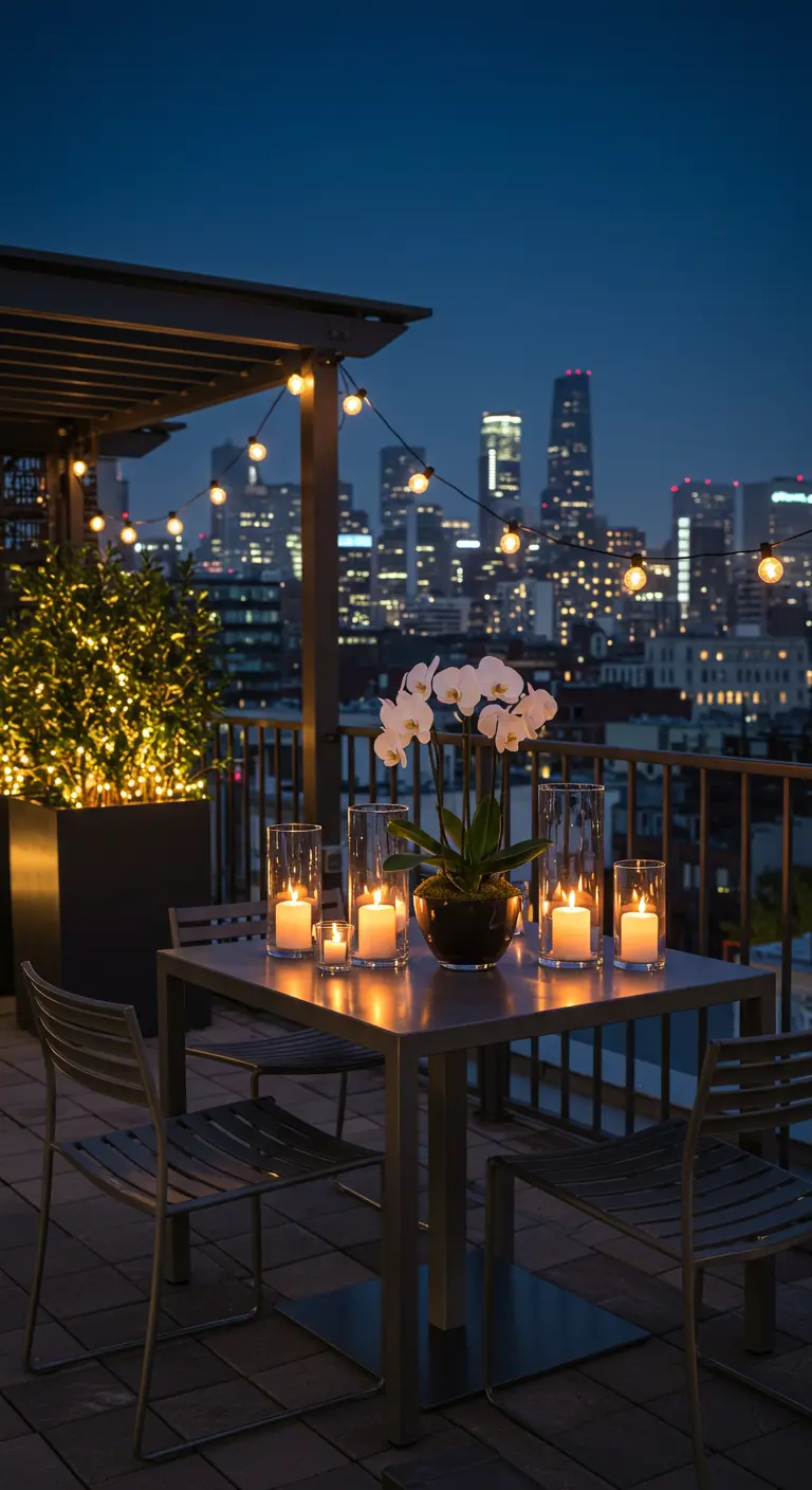 Dakterras met uitzicht op de skyline, vierkante tafel, kaarsen en lichtjes.