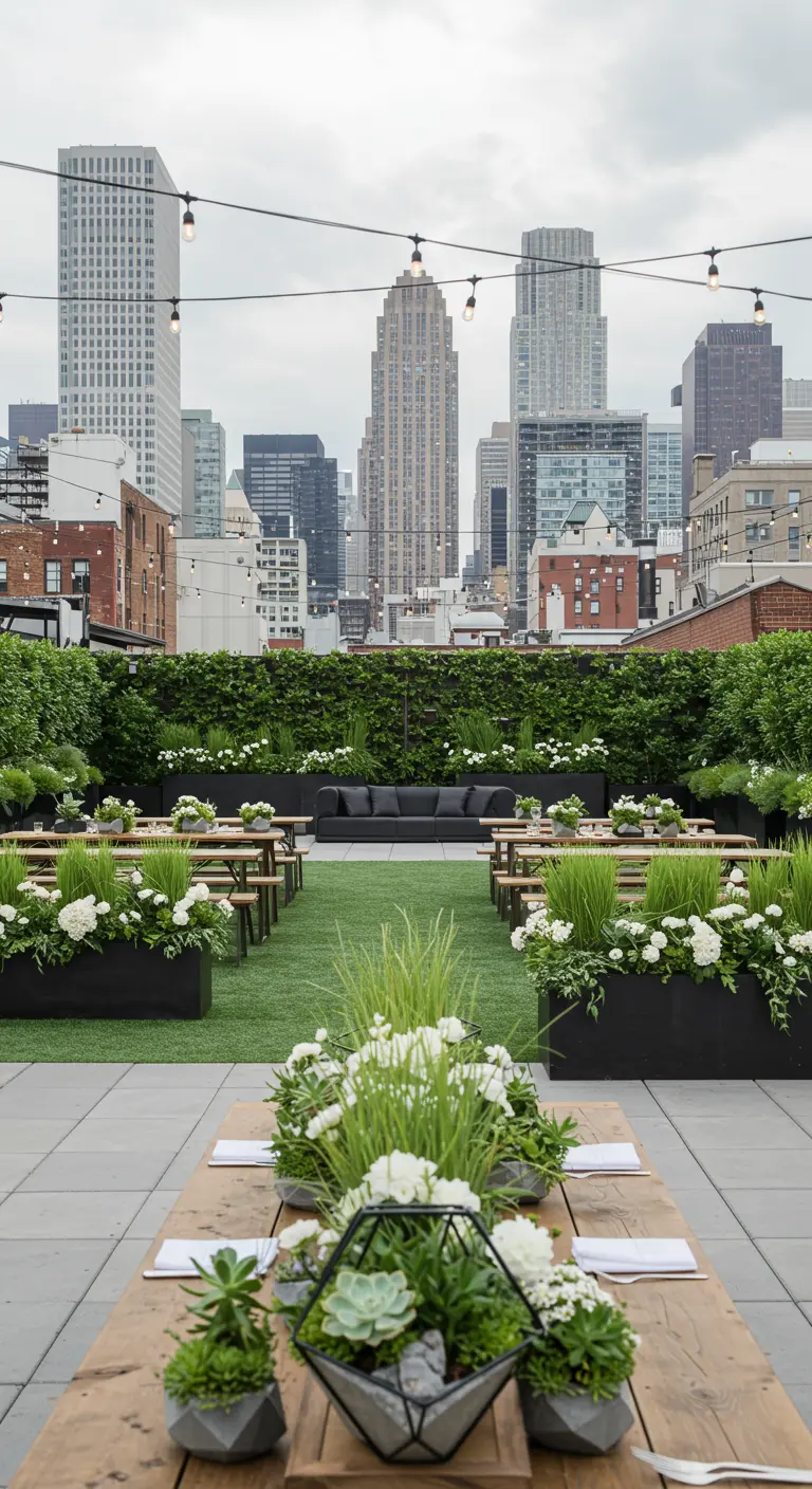 Dakterras in de stad met groene muren, houten picknicktafels en geometrische plantenbakken.