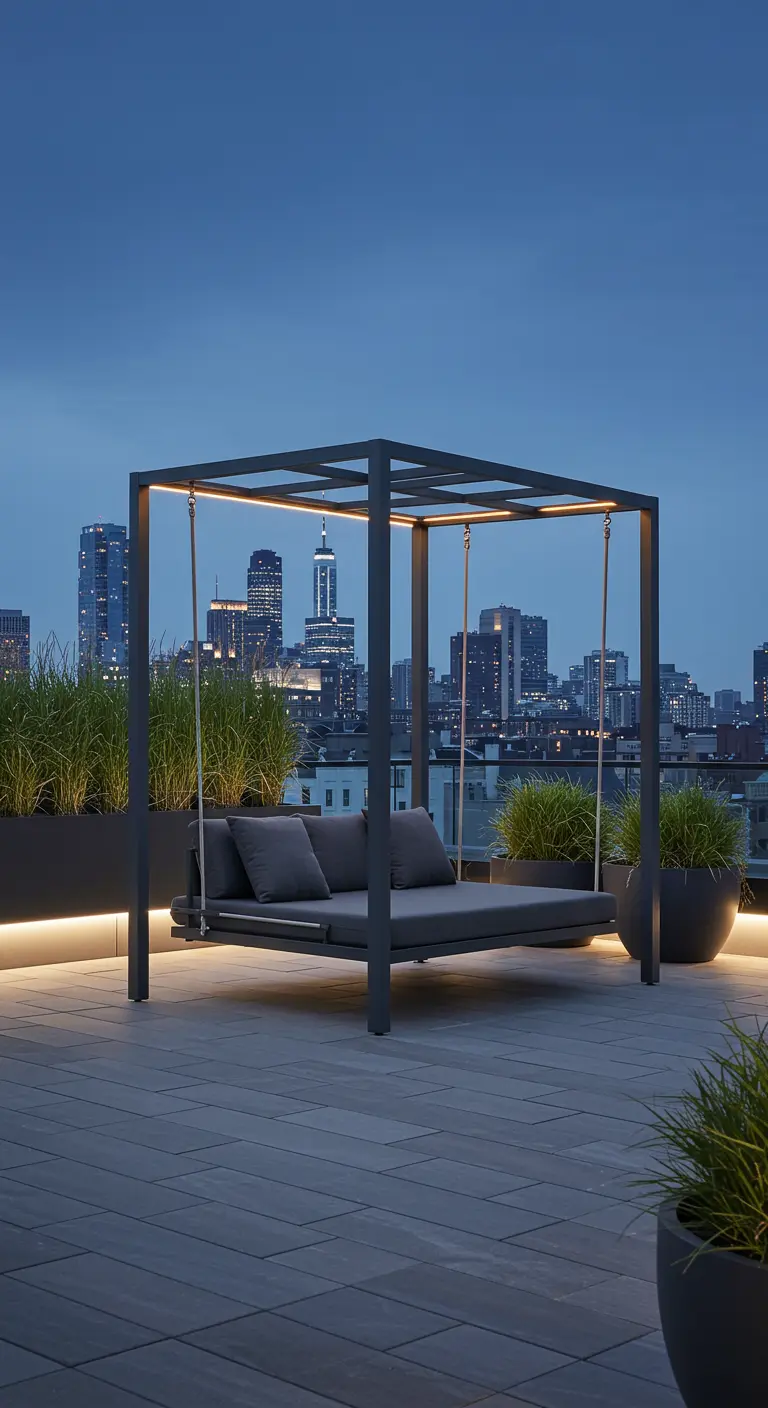 Modern metalen schommelbed met geïntegreerde verlichting op een dakterras met stadsgezicht.