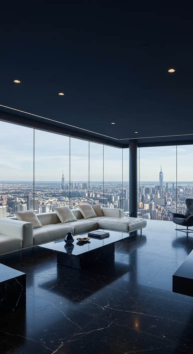 Luxe woonkamer met stadszicht, donkere marmeren vloer en crèmekleurige bank.