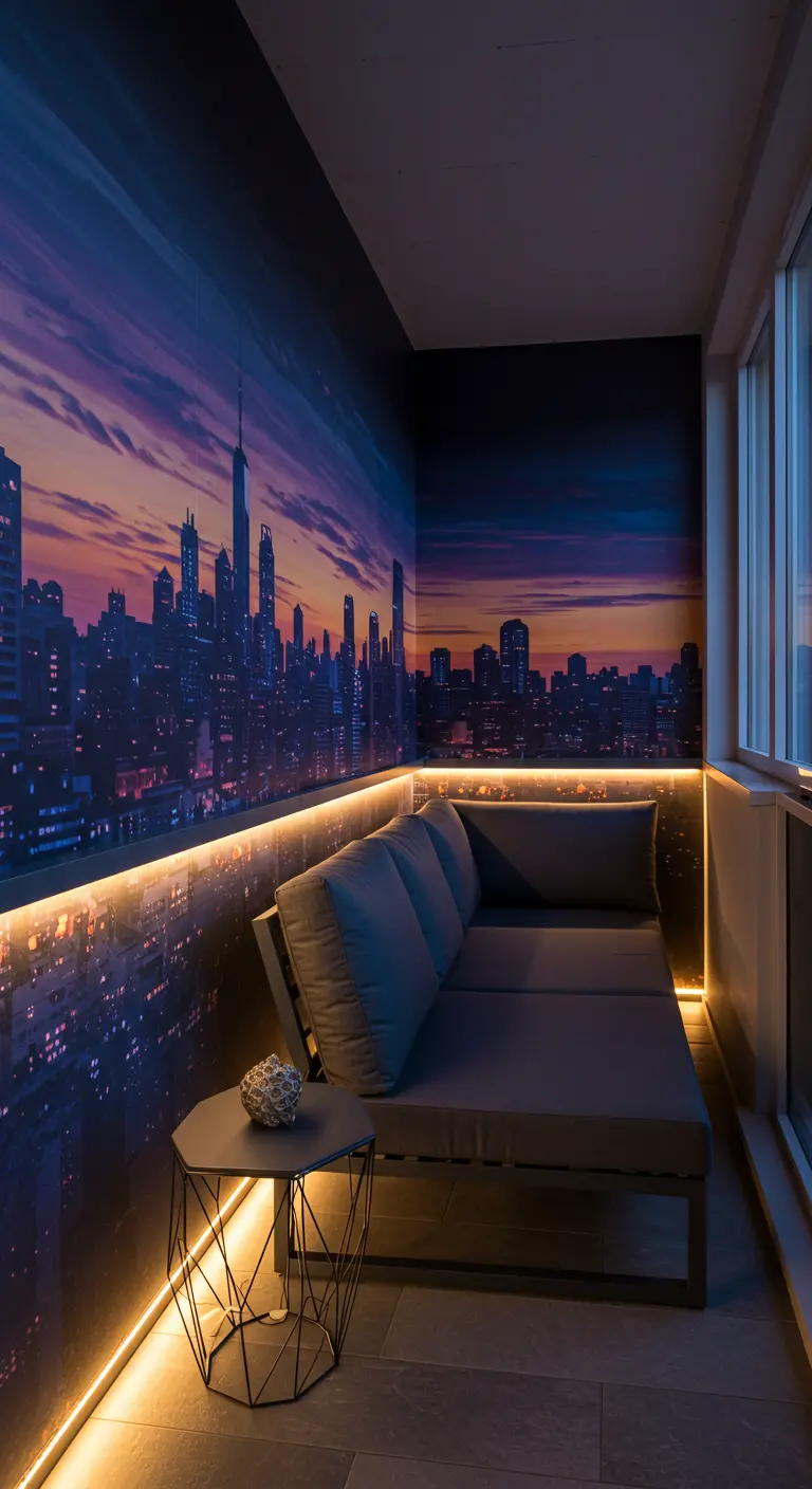 Balkon met buitenbehang van een nachtelijk stadsgezicht en sfeervolle ledstrips.