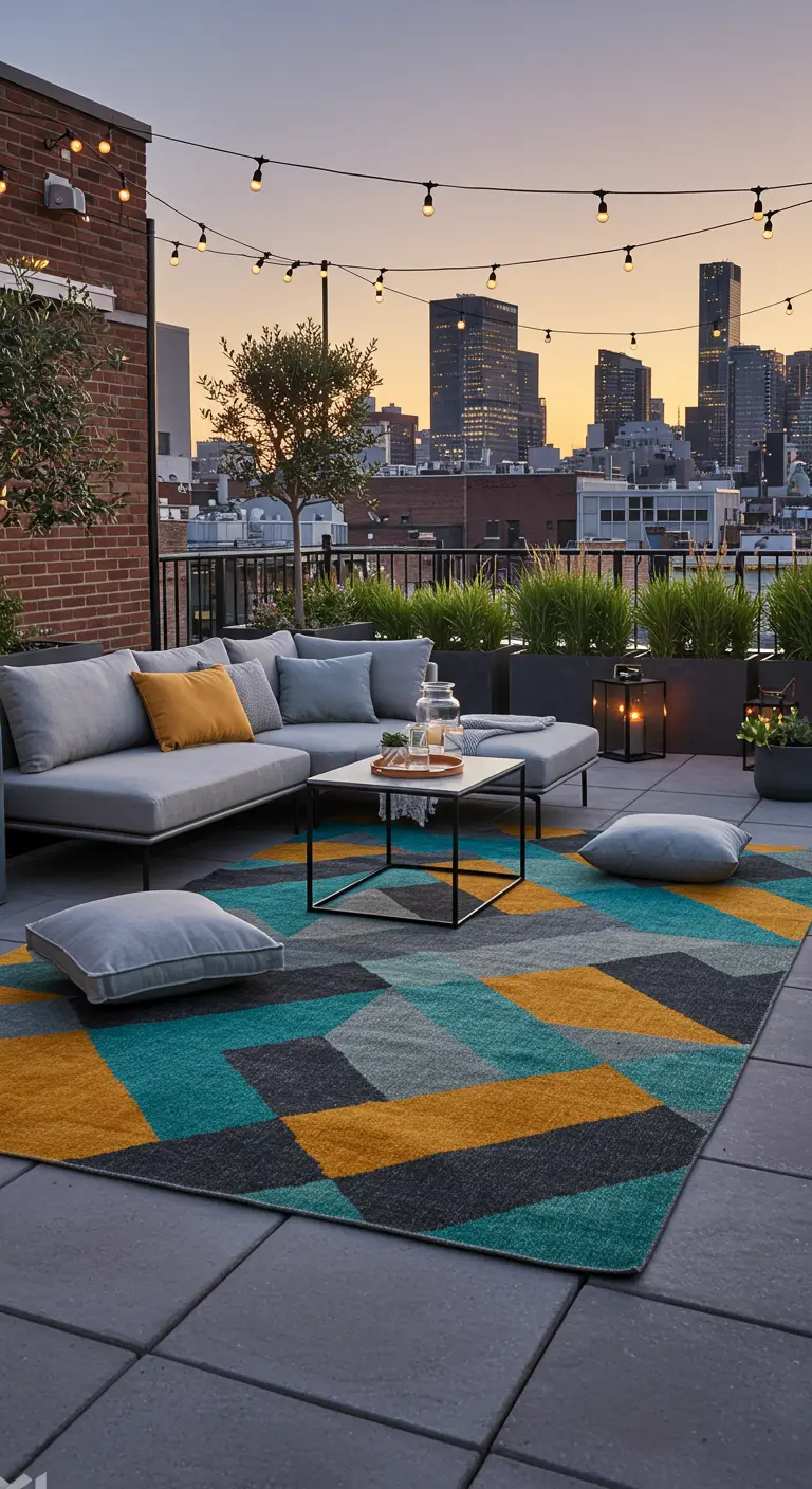 Modern dakterras met loungeset en kleurrijk geometrisch buitenkleed bij zonsondergang.