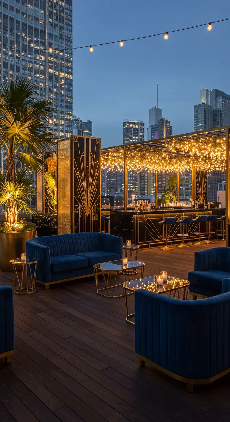 Rooftop bar met blauwe fluwelen banken, gouden art-deco schermen en lichtjes.