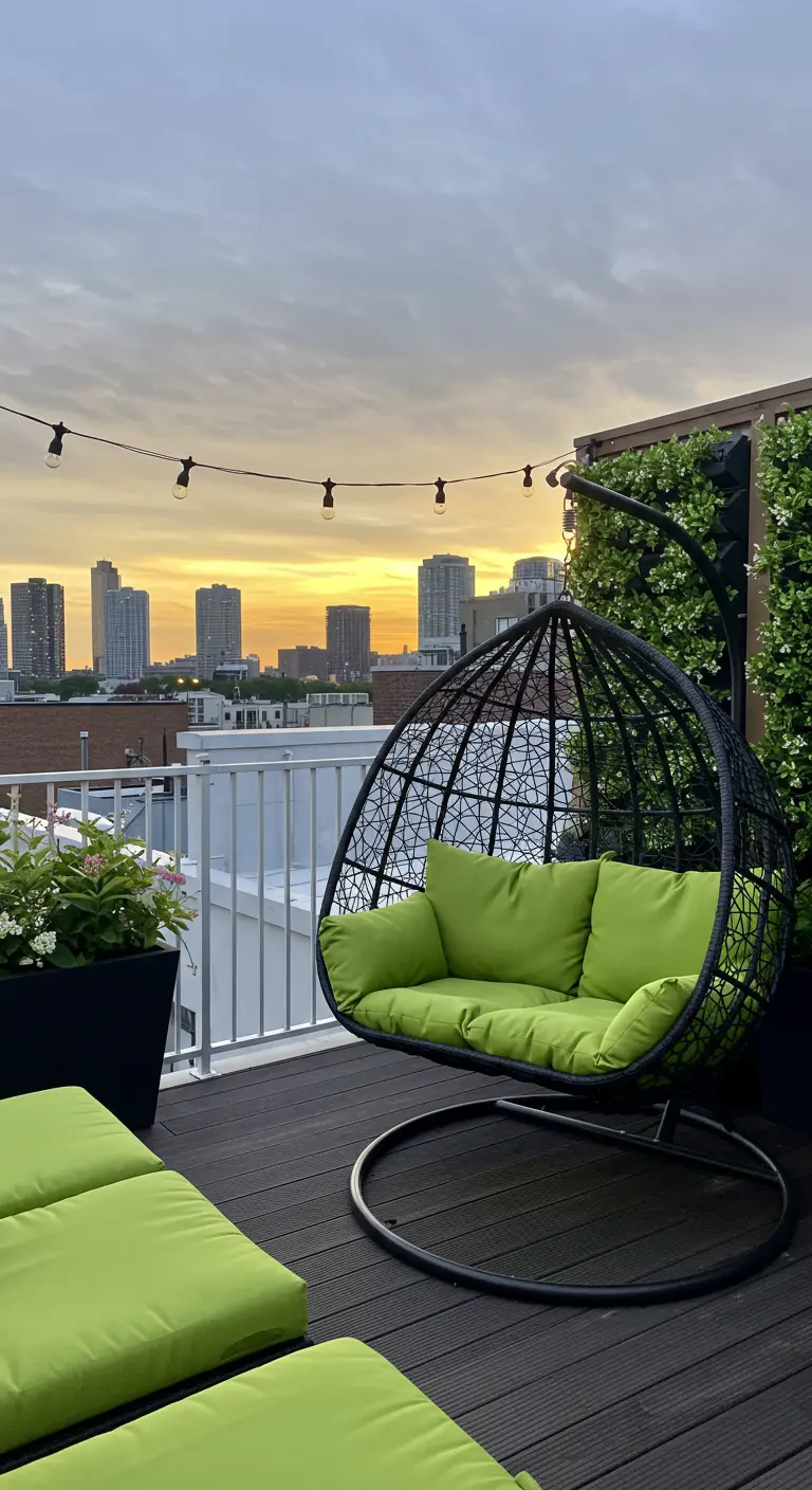 Zwarte dubbele hangstoel met felgroene kussens op dakterras met stadsgezicht bij zonsondergang.
