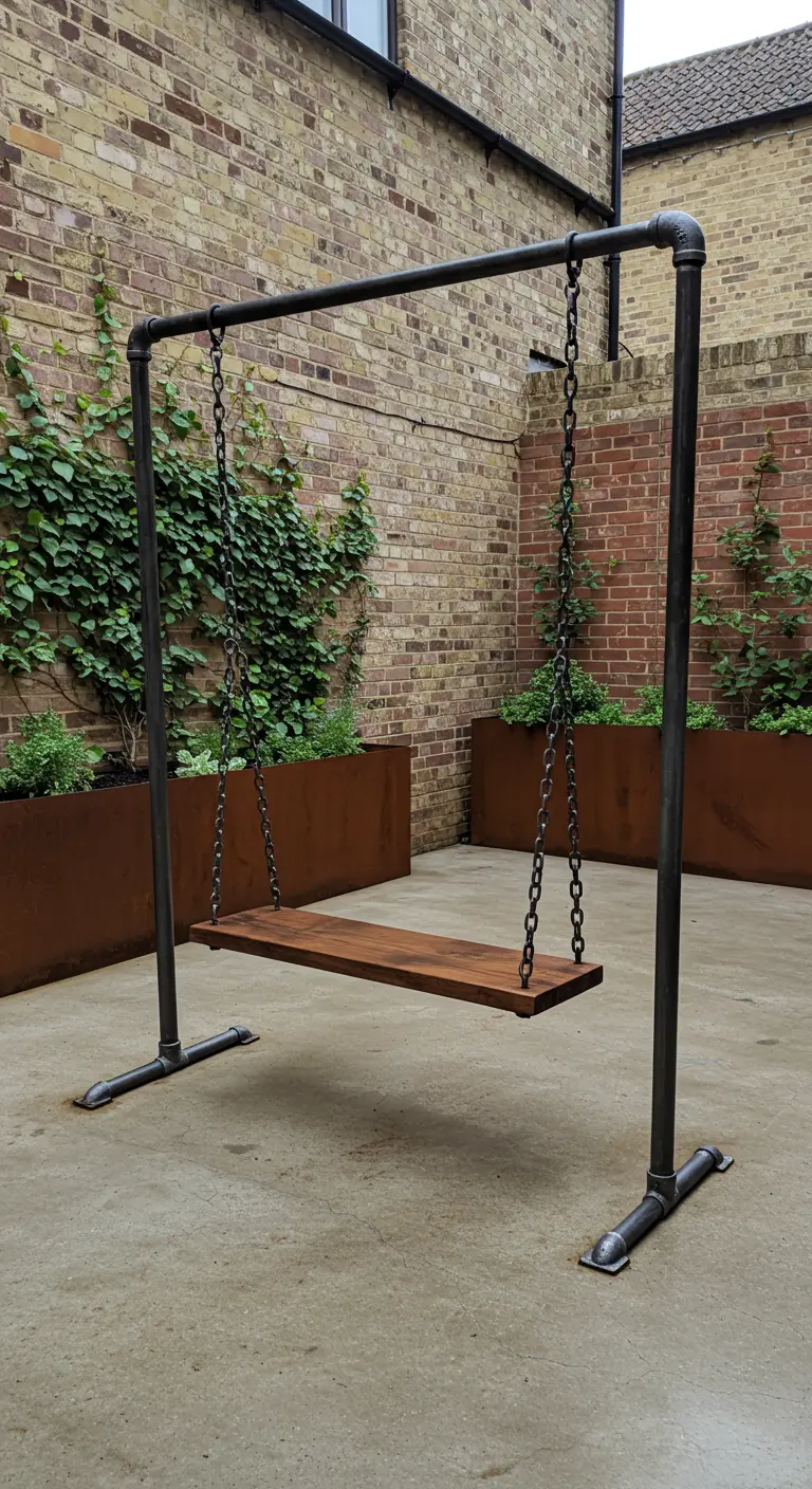 Industriële schommel van zwarte metalen buizen en houten plank op betonnen patio.