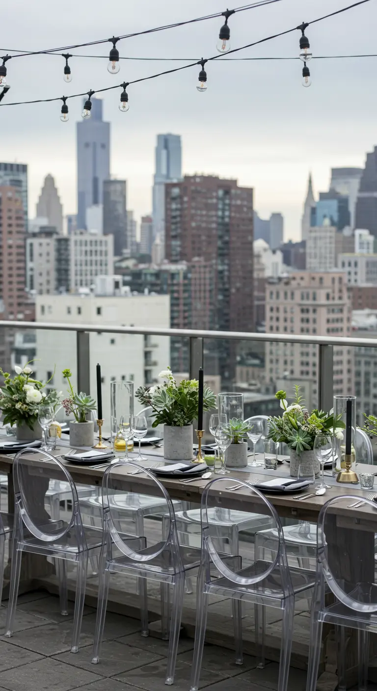 Dakterras setting met houten tafel, ghost chairs, vetplantjes en lichtslinger boven stadsgezicht.