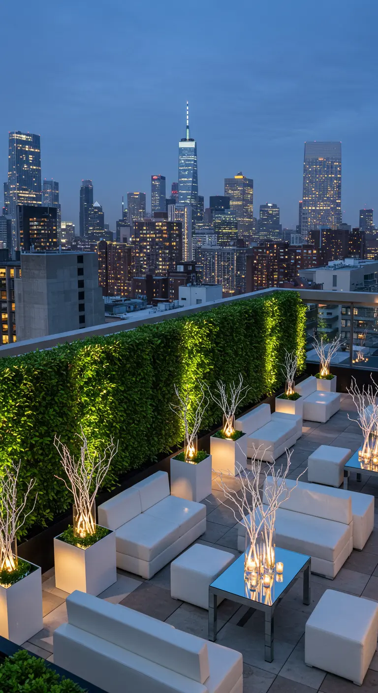 Stijlvol dakterras met witte loungebanken, groene wand, verlichte takken, stad skyline.