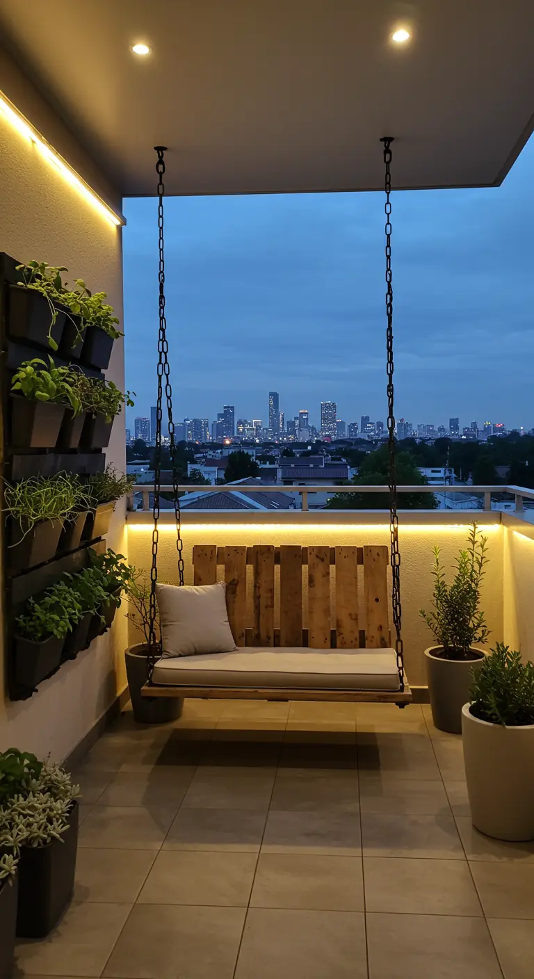 Pallet schommelbank op modern balkon met stadsgezicht, verticale tuin en ledverlichting.