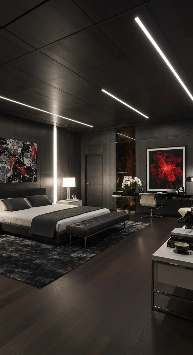 Moderne donkere slaapkamer met rode abstracte kunst, strakke lijnen en ingetogen verlichting.