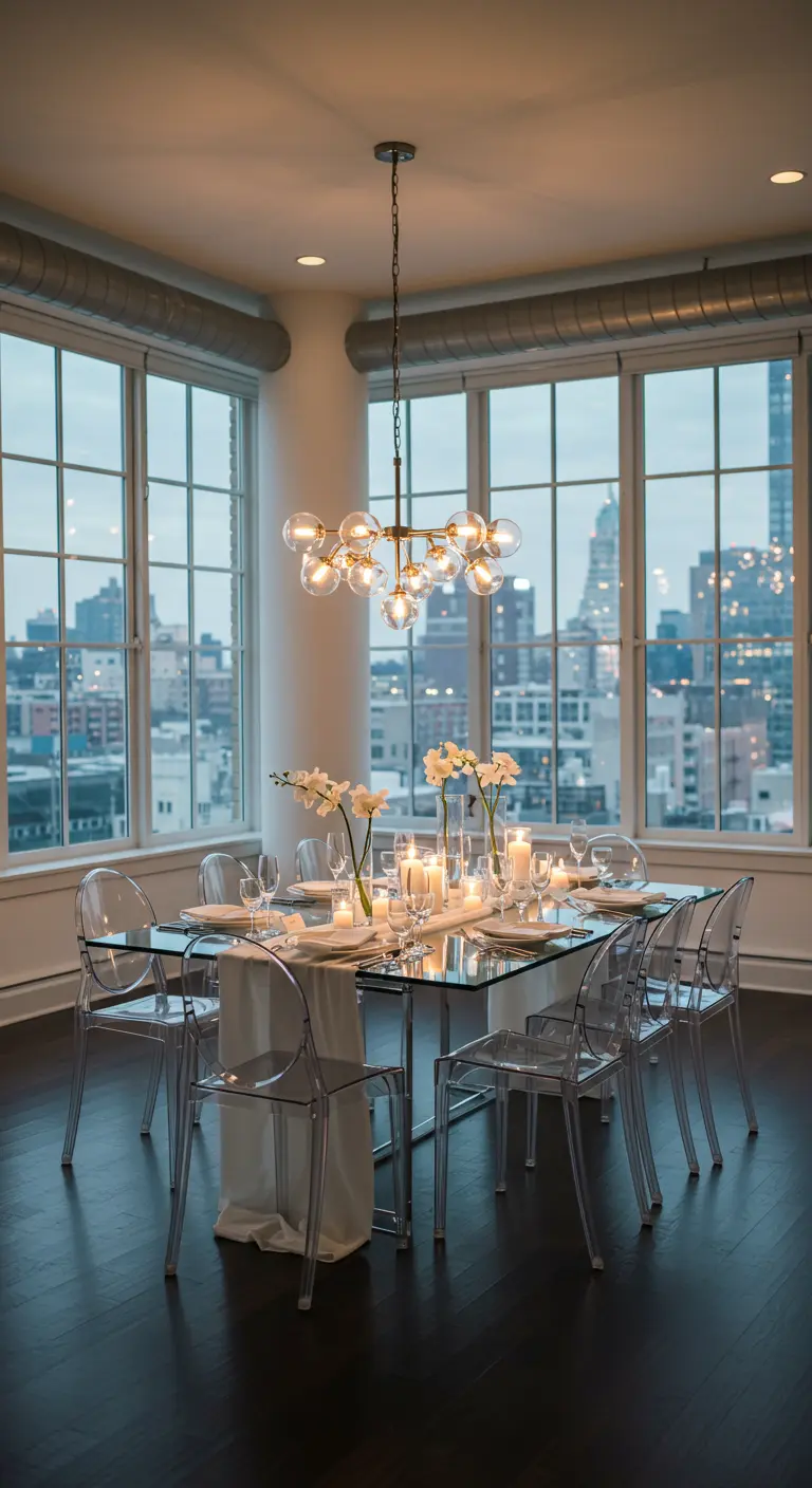 Eettafel met glazen blad, plexiglas stoelen en kaarslicht, met uitzicht op een verlichte skyline.