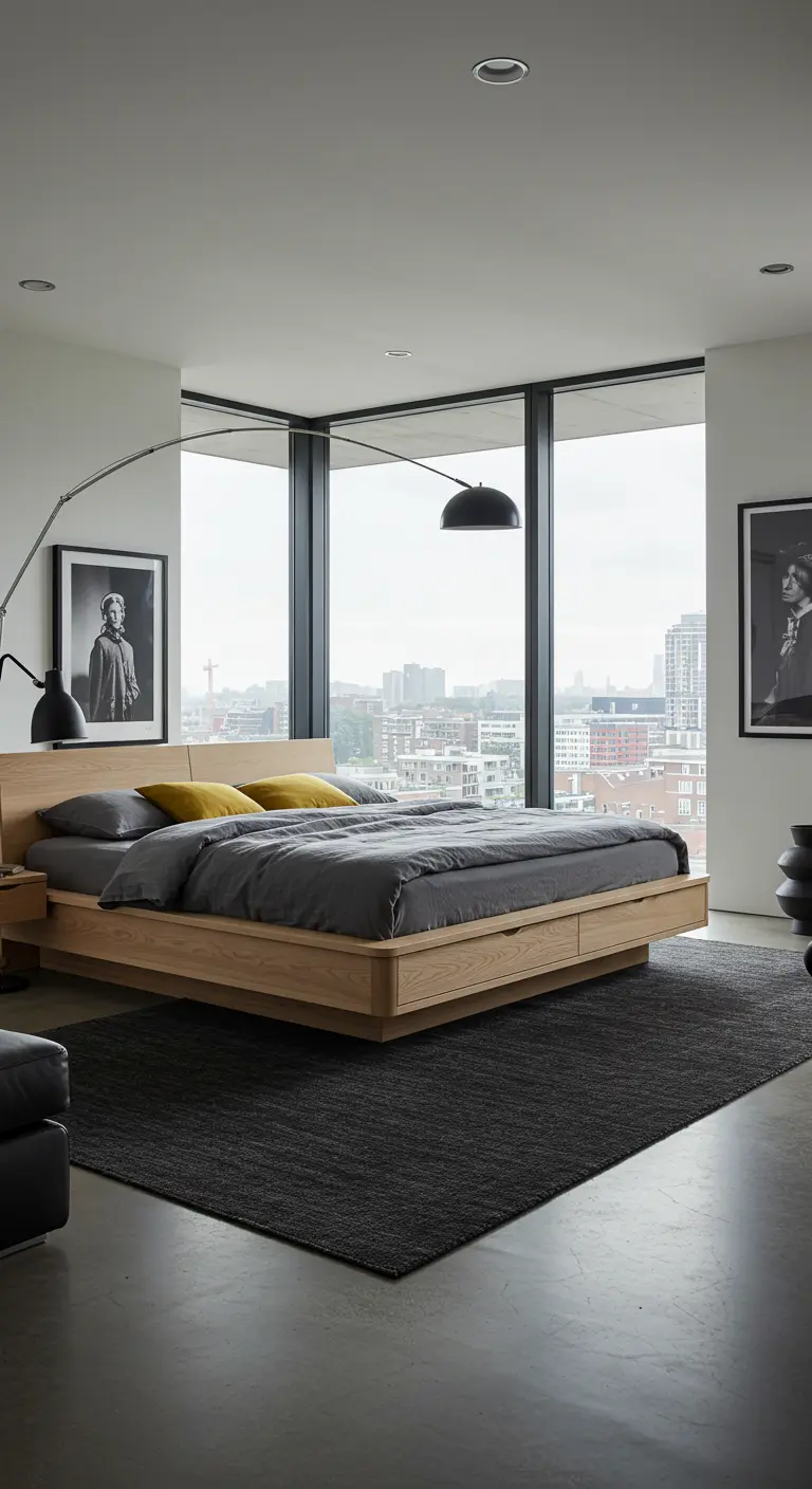 Moderne slaapkamer met panoramisch uitzicht, laag houten bed, booglamp en zwart-wit kunst.