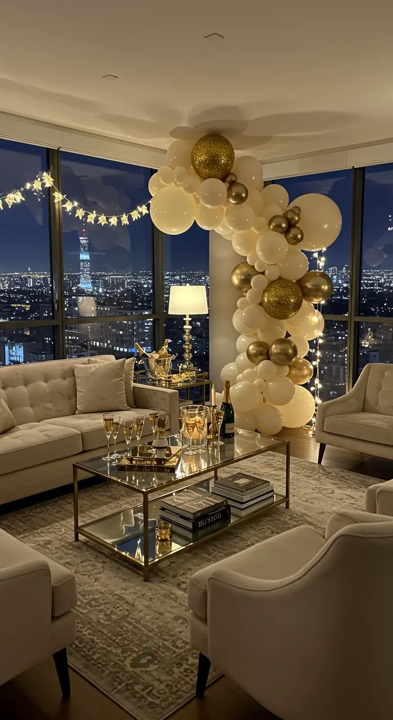 Moderne woonkamer met ballonnenboog in crème en goud, uitzicht op de stad bij nacht.